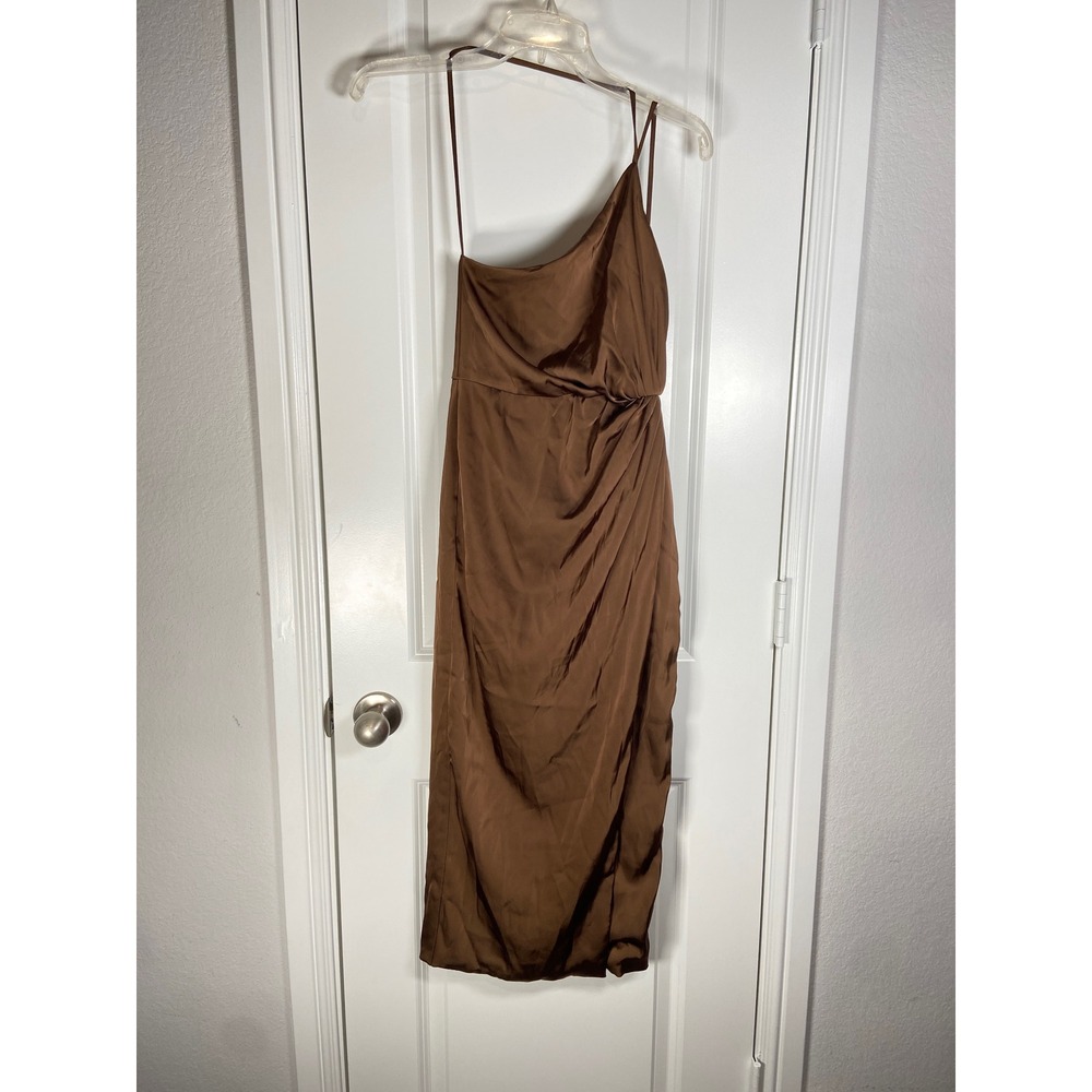Contenta Brown Satin One Shoulder Midi Dress Ruched Bodycon XS